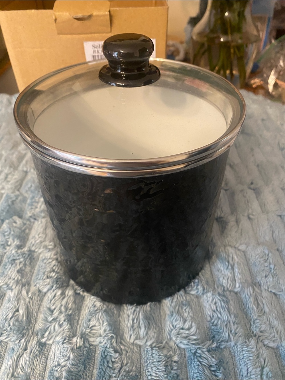 Golden Rabbit Solid Black Textured Enamelware Canister w/ a glass lid New In Box